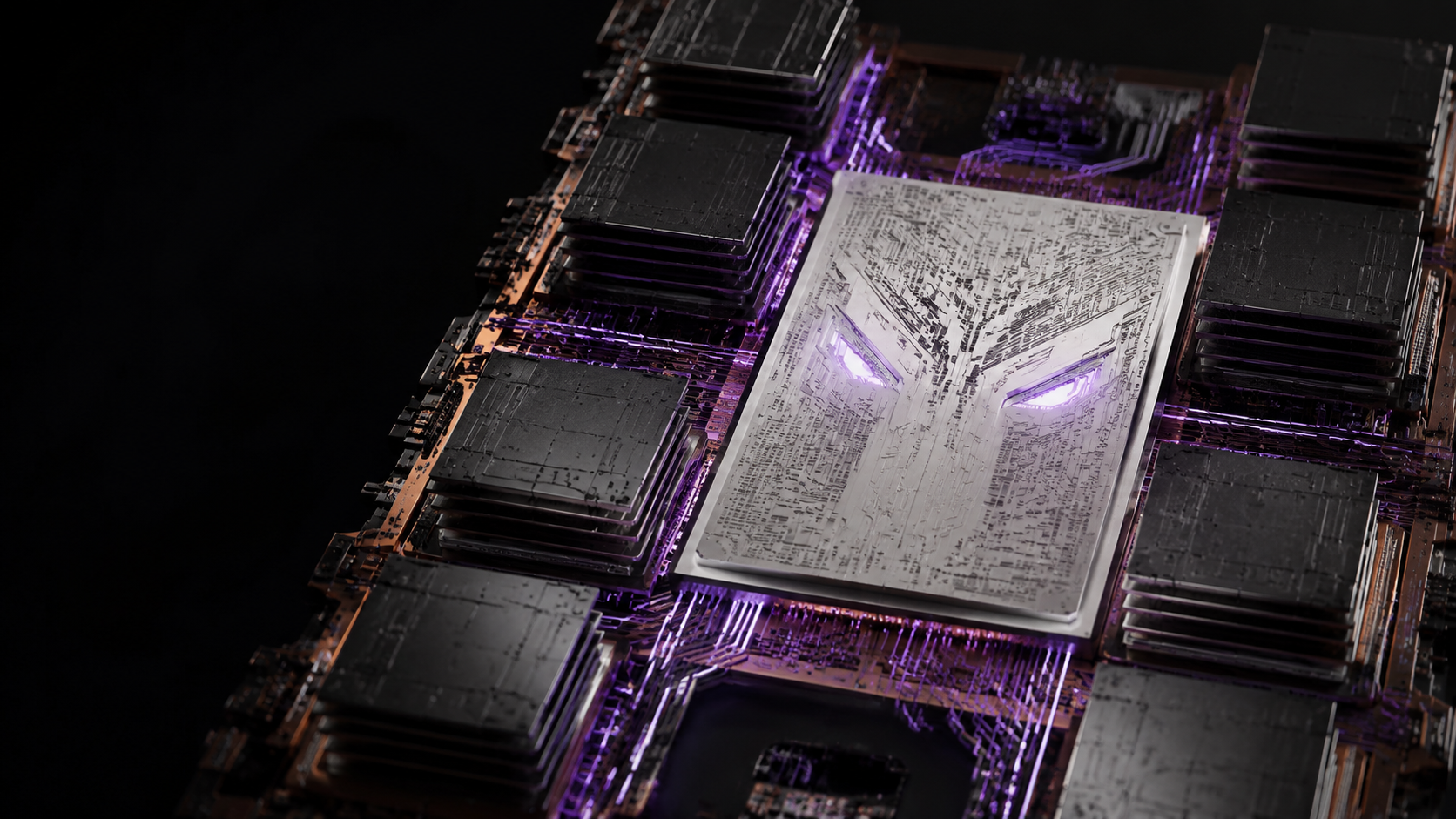 Sculptural silicon processor with stacked memory and violet signal paths